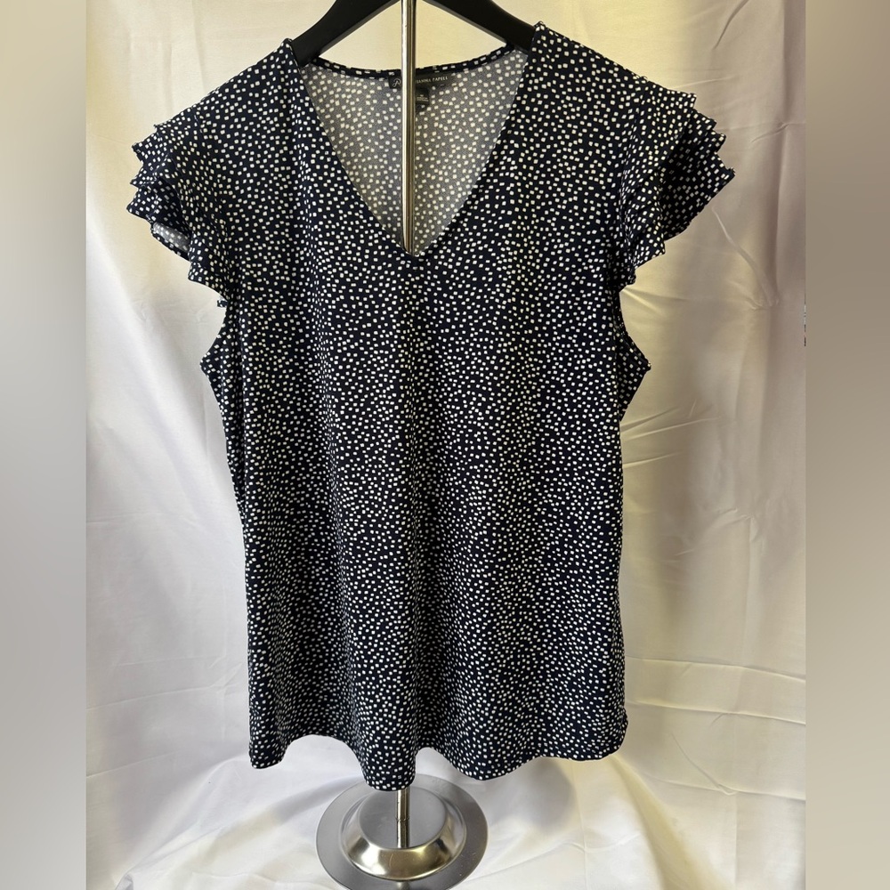 Adrianna Papell Navy and White Polka Dot Blouse with ruffled short sleeves